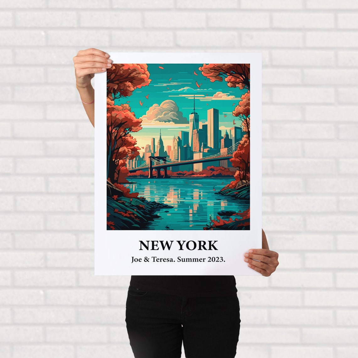 New York City Skyline Bridge Autumn Vintage Style Travel Art Poster
