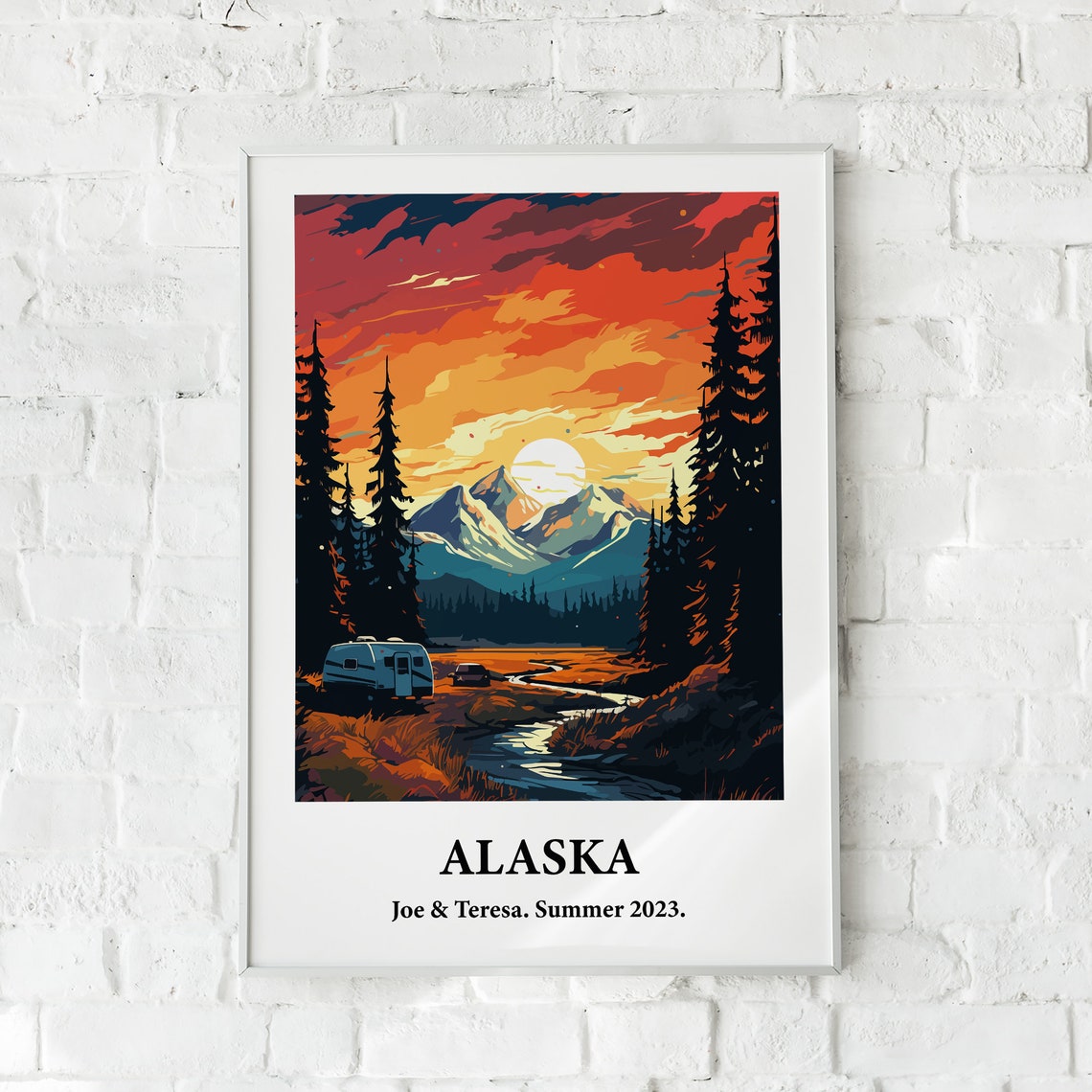 Alaska Mountain Sunset Camper Personalized Travel Art Poster