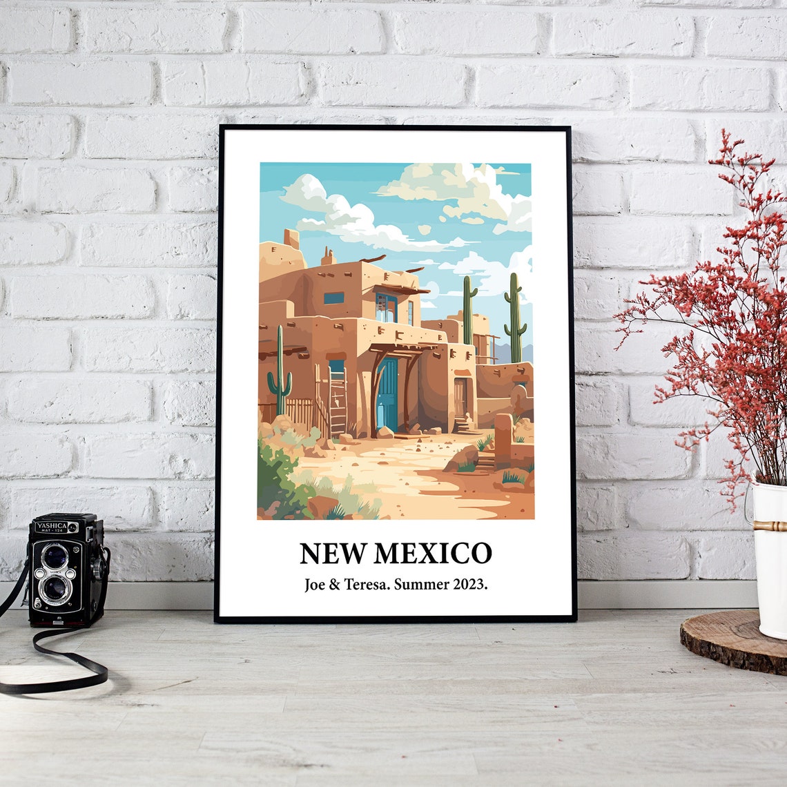 New Mexico Adobe Pueblo Desert Cacti Vintage Style Travel Art Poster