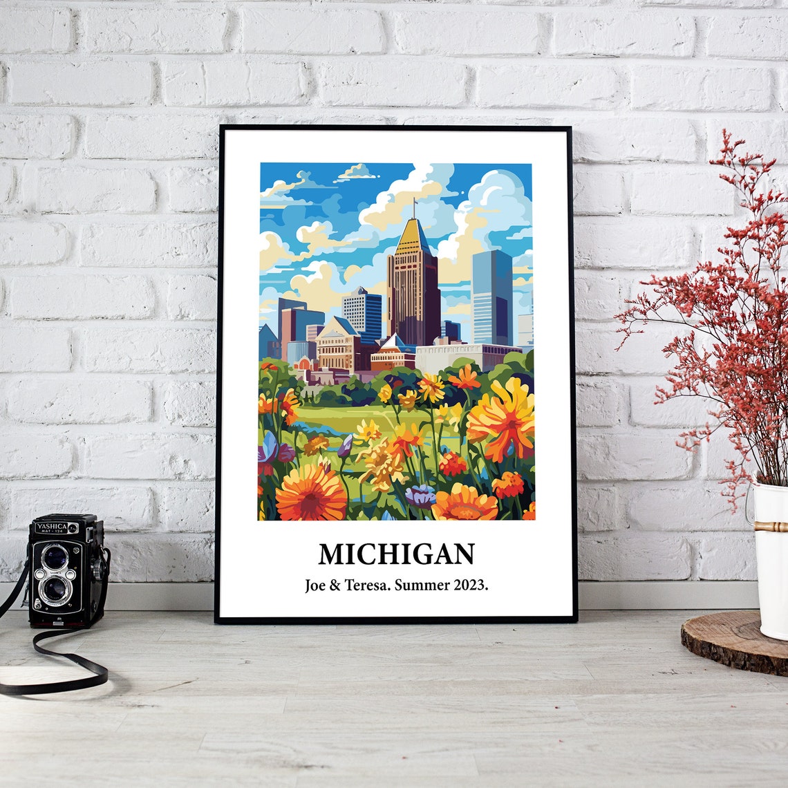 Michigan Skyline Wildflowers Vintage Style Travel Art Poster - Image 2