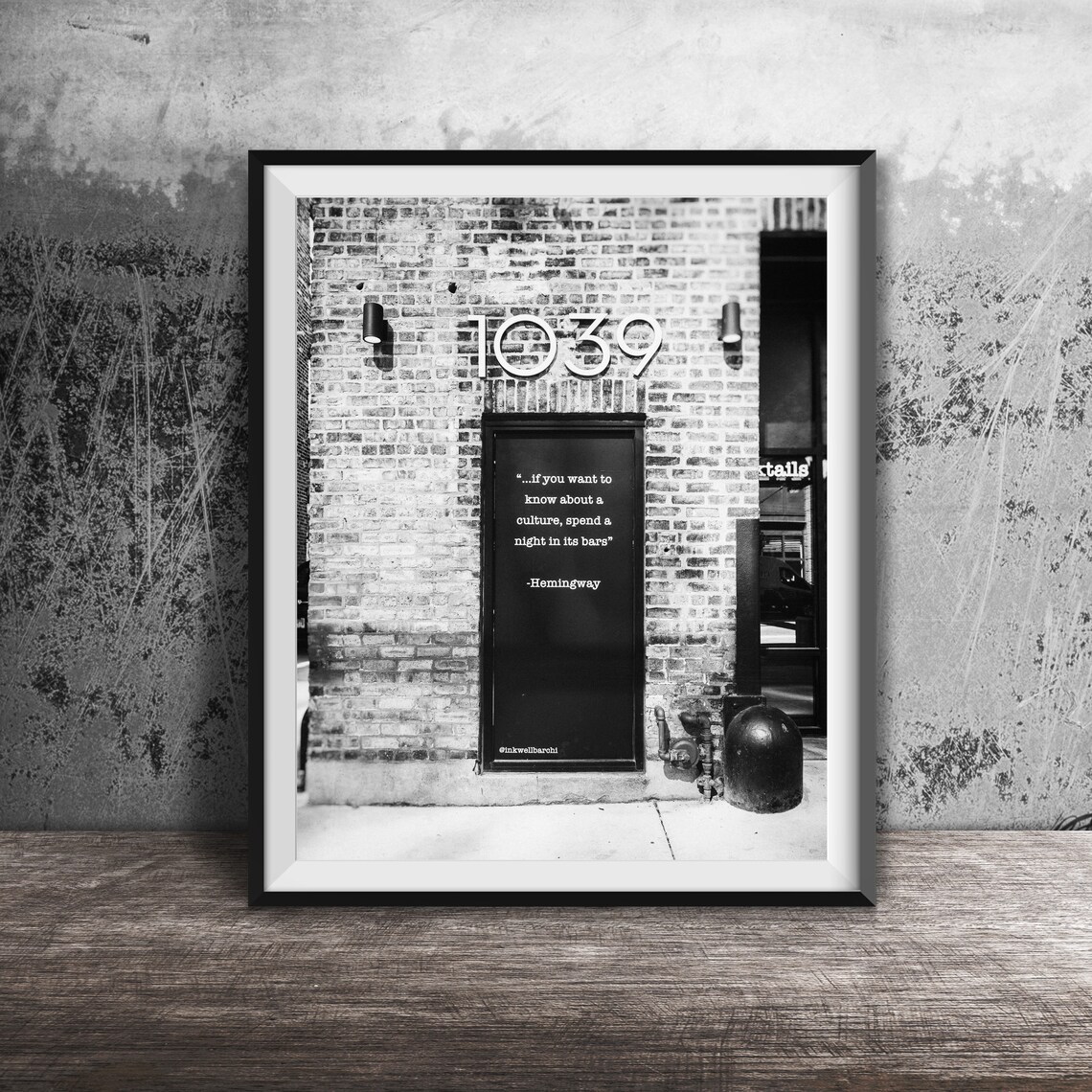Hemingway Bar Quote on Black Door 1039 Brick Wall Photography Poster - Image 2