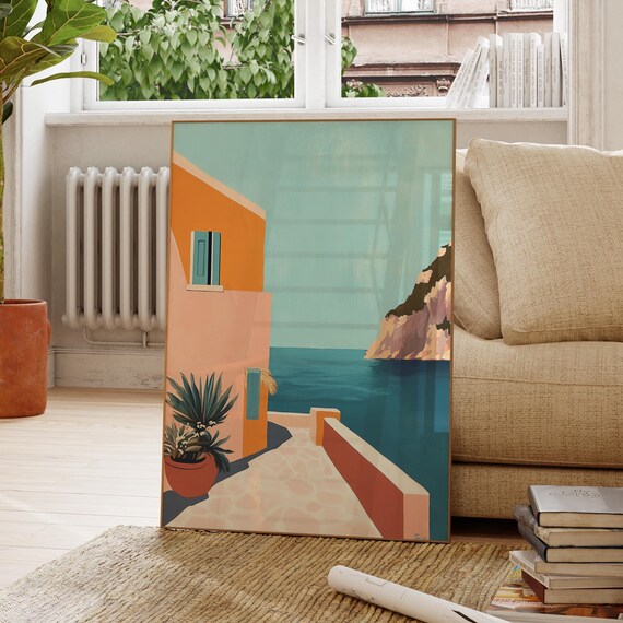 Mediterranean Coastal Village Minimalist Orange Building Seaside Art Poster