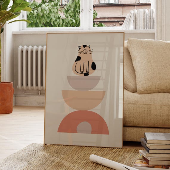 Cat Beige Minimal Wall Art Abstract Neutral Poster Pet Lover Gift Scandinavian Style Print Colorful Modern Decor