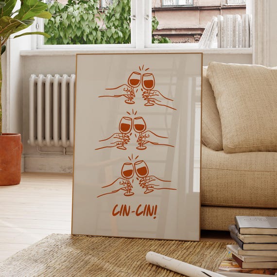 Cin Cin Wine Toast Line Art Clinking Glasses Party Celebration Poster