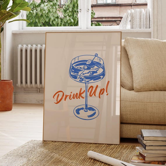 Drink Up Martini Glass Retro Blue Orange Bar Cart Cocktail Poster