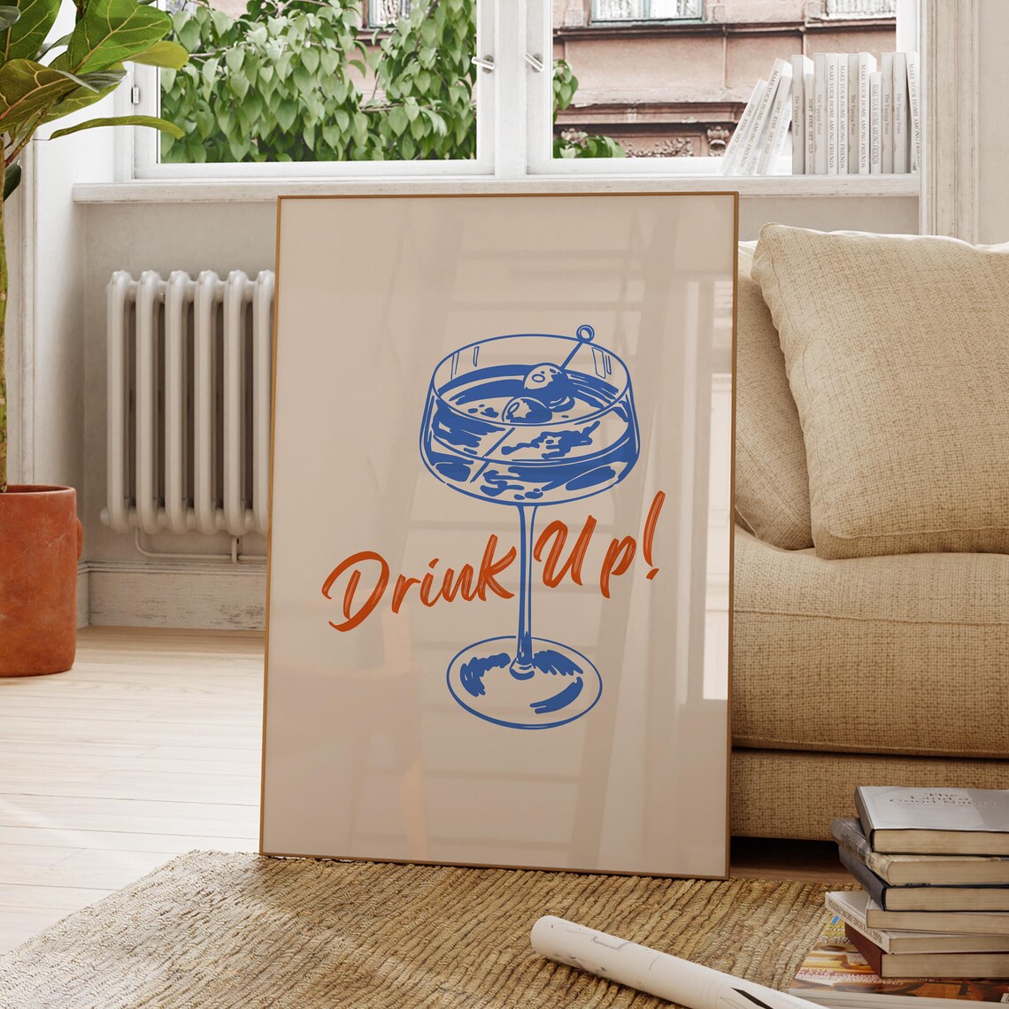 Drink Up Martini Glass Retro Blue Orange Bar Cart Cocktail Poster