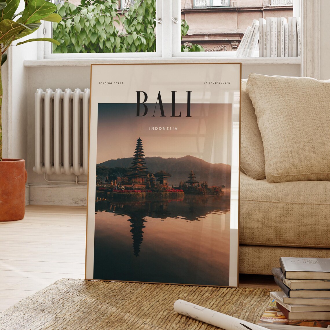 Bali Indonesia Temple Lake Sunset Reflection Asia Travel Poster