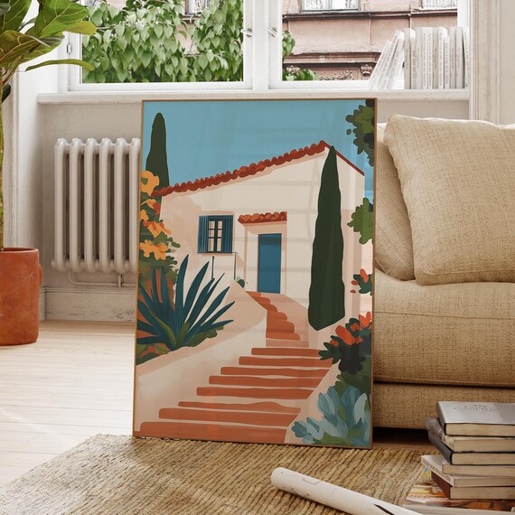 Mediterranean Villa With Terracotta Stairs Cypress Trees Coastal Poster