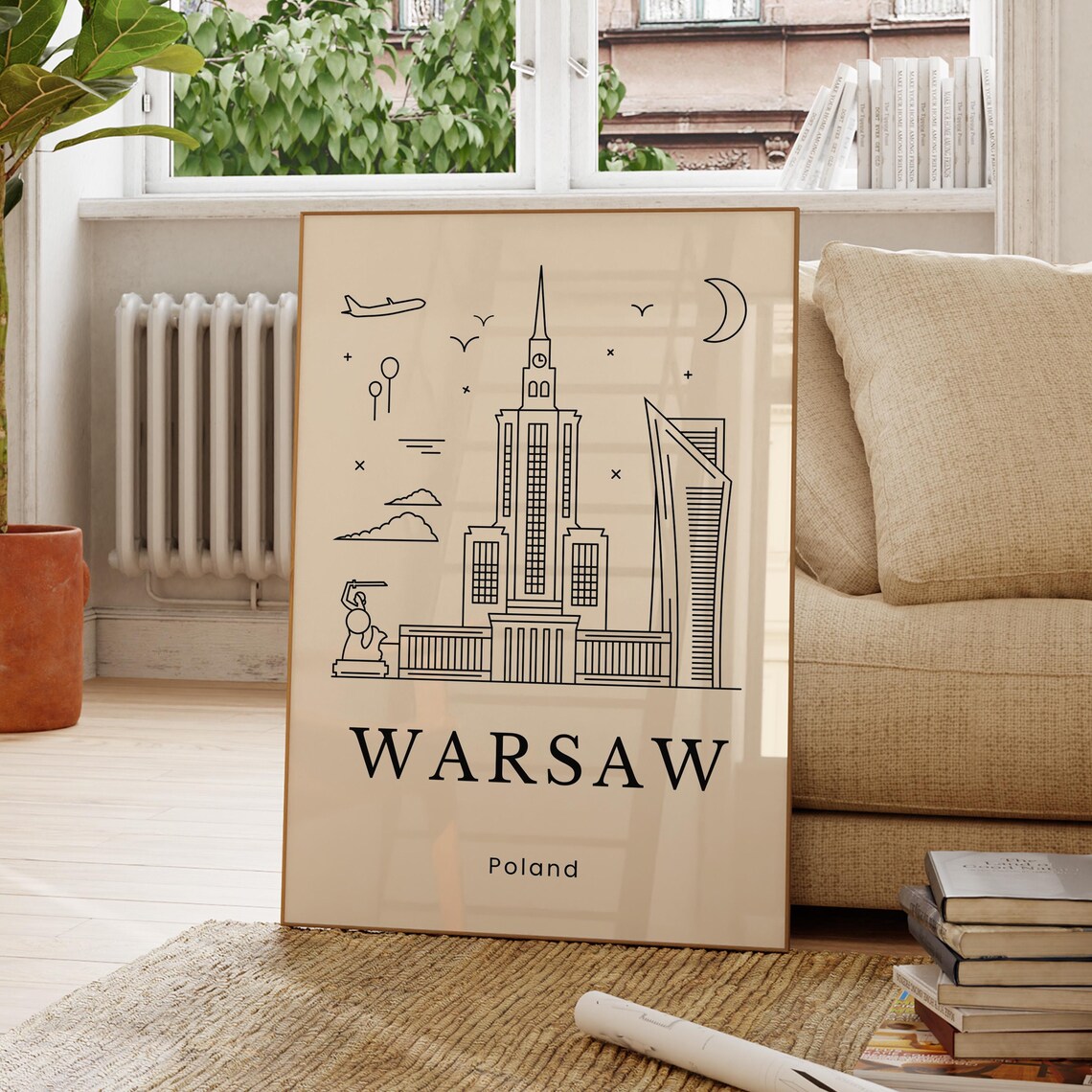 Warsaw Poland Minimalist Line Art Skyline Travel Poster Gift