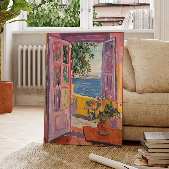 Matisse Style Open Window Pink Shutters With Flower Vase Seaside Poster