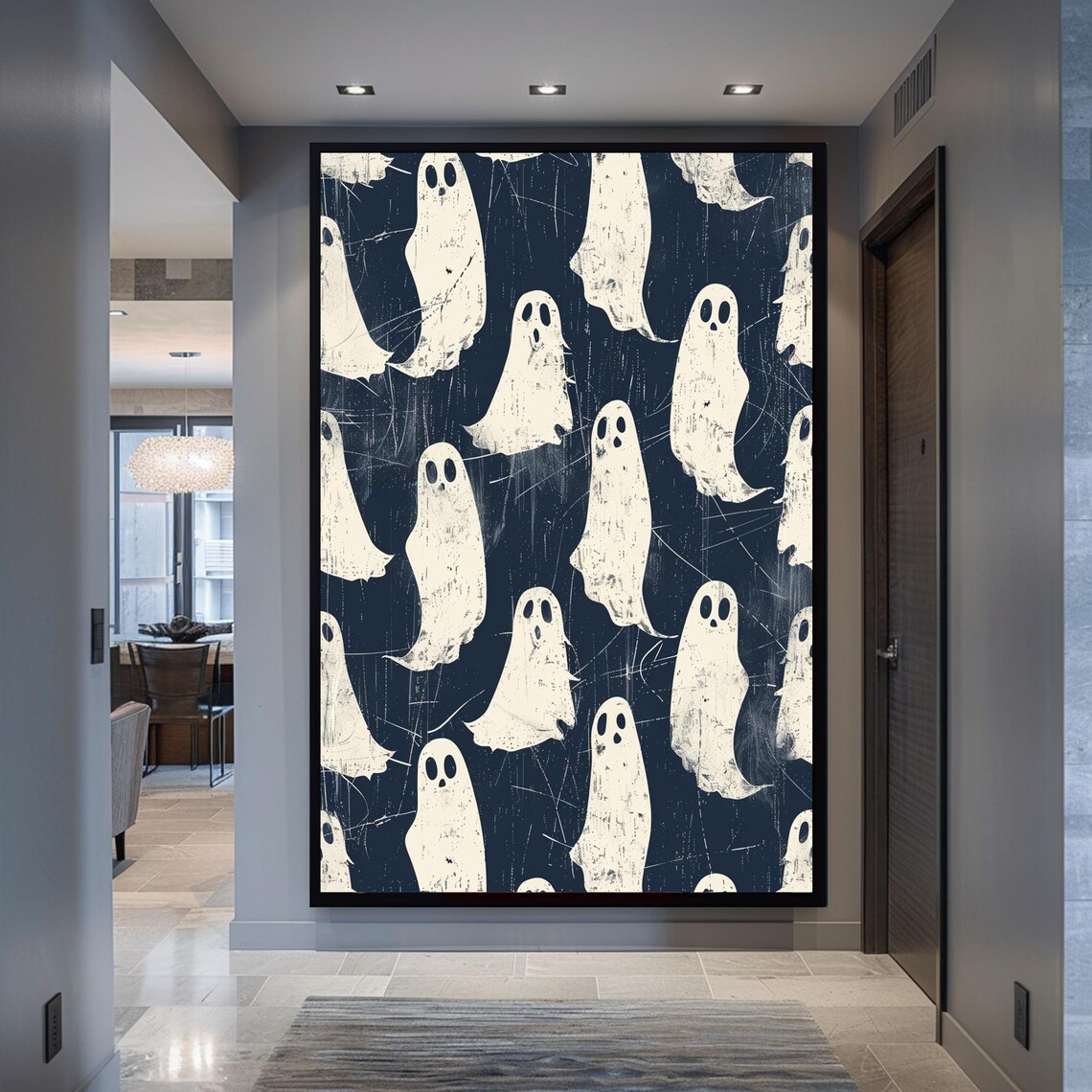 Vintage Halloween Ghost Pattern Cute Spooky Distressed Poster