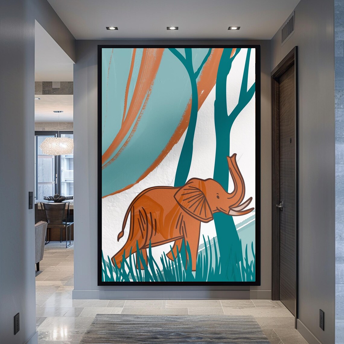 Orange Elephant Minimalist Teal Jungle Trees Nursery Decor Poster - Image 5