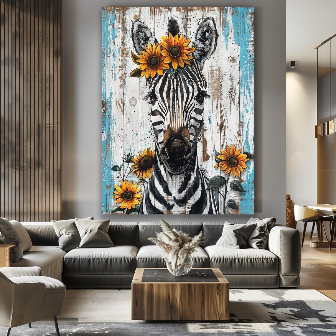 Zebra Wearing a Sunflower Crown on Rustic Wood Planks Poster - Image 4