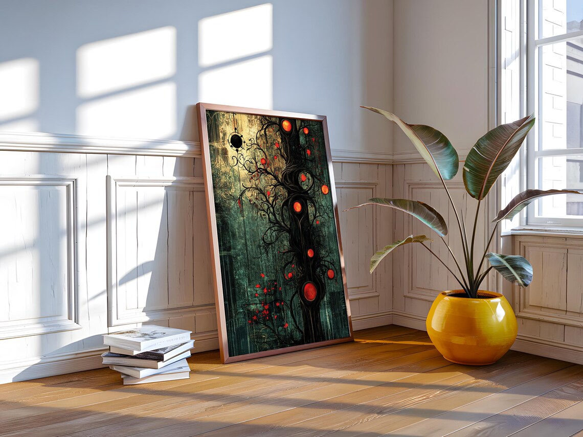 Enchanted Dark Tree Glowing Red Orbs Mystical Forest Fantasy Art Poster - Image 2