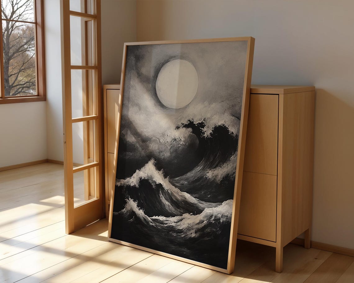 Dramatic Moonlit Ocean Waves Black and White Coastal Art Poster - Image 4