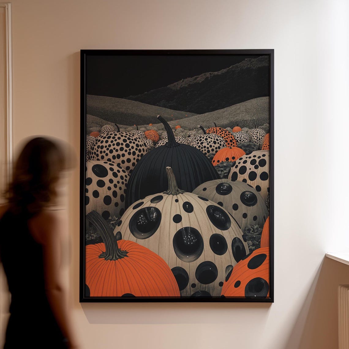 Polka Dot Pumpkins Field Moonlit Hills Spooky Fall Harvest Art Poster