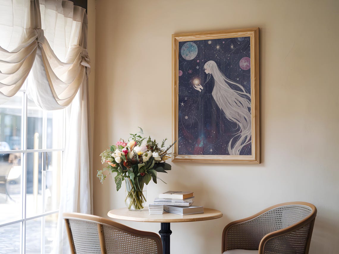 Anime Moon Keeper Woman White Hair Glowing Orb Starry Sky Poster - Image 2