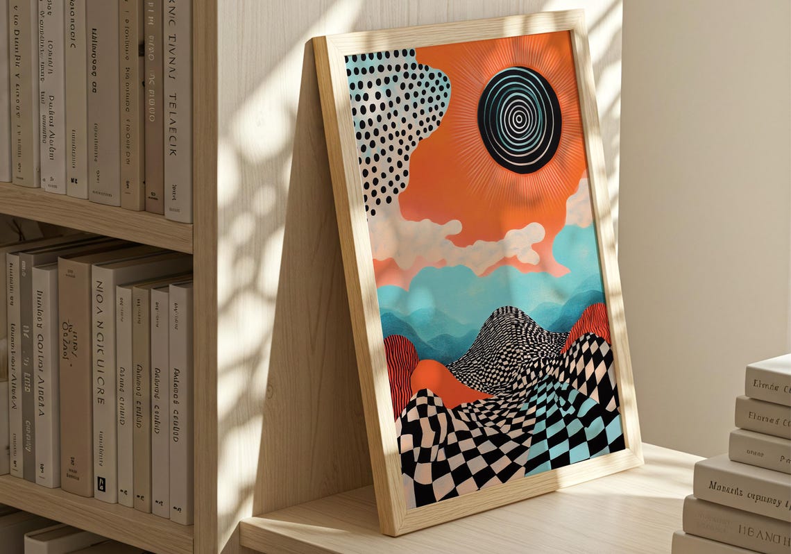 Psychedelic Checkerboard Hills Spiral Sun Retro Landscape Poster - Image 5