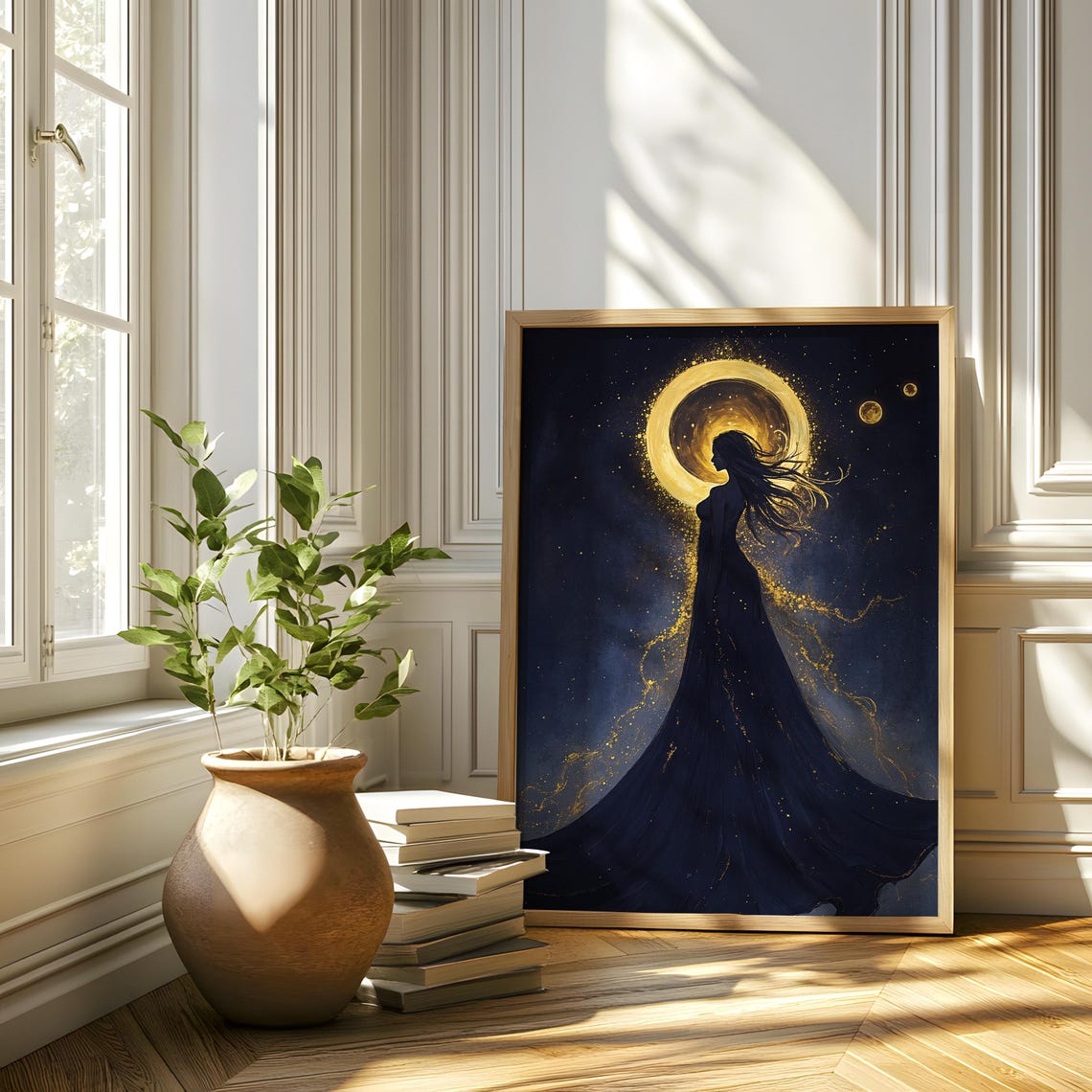 Golden Eclipse Goddess Woman Silhouette Starry Night Fantasy Poster - Image 4