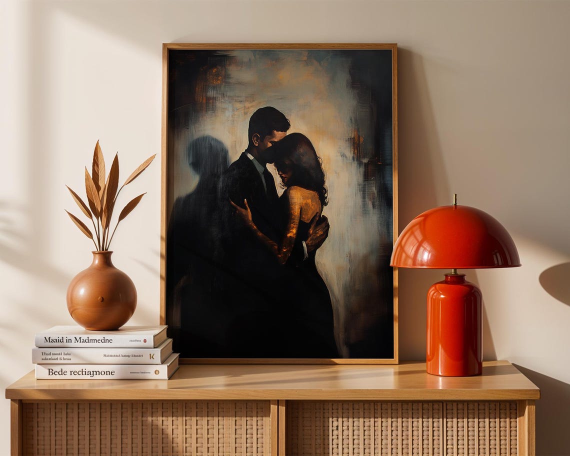 Romantic Couple Embrace Moody Painterly Dark Love Wall Poster