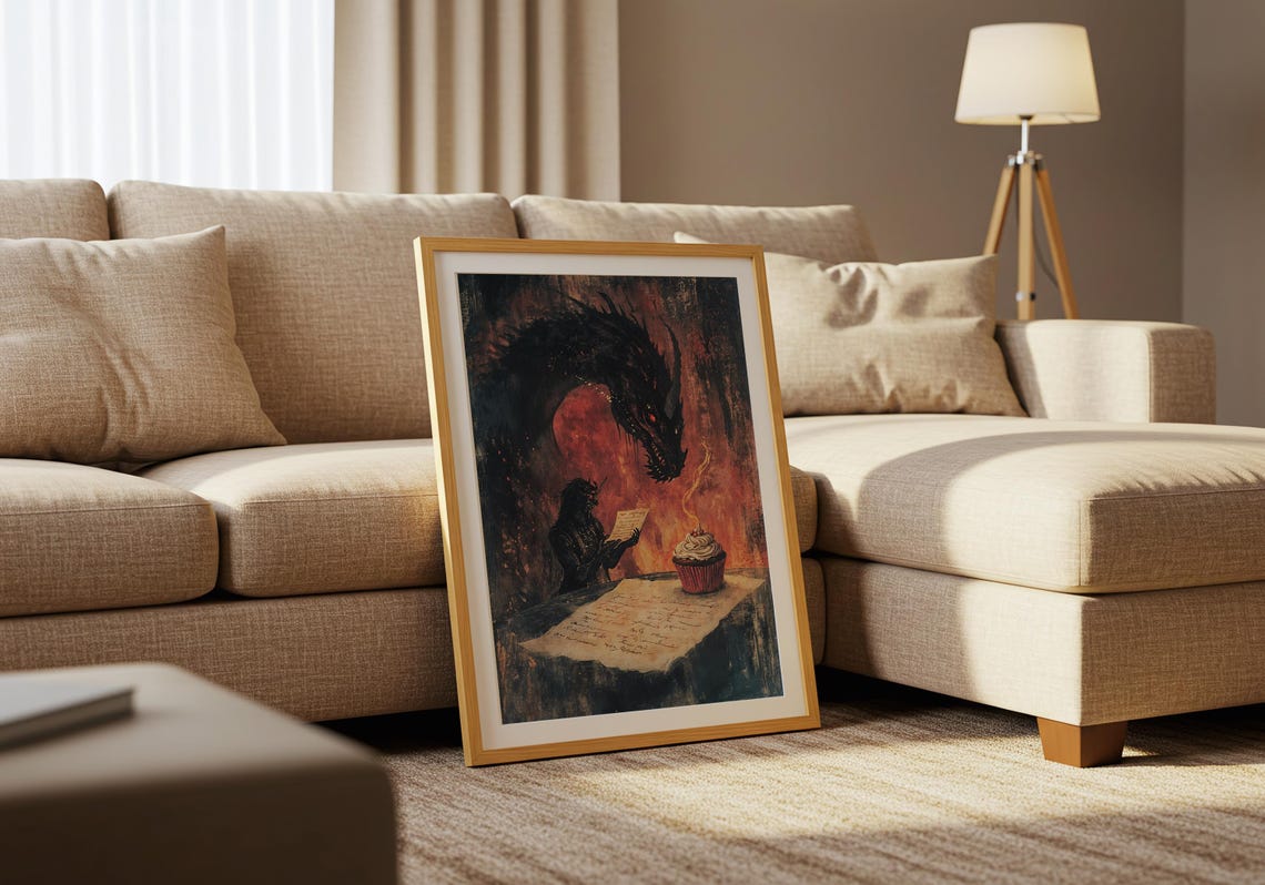 Dark Dragon Girl Reading Letter Candlelit Cupcake Fantasy Art Poster - Image 5