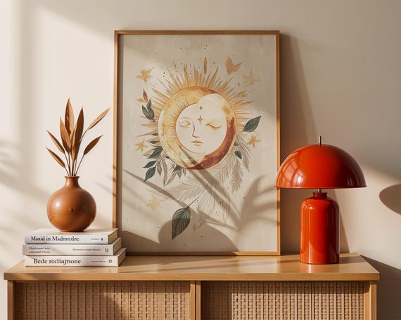 Celestial Sun Art Print Boho Moon Wall Mystical Natureinspired Decor