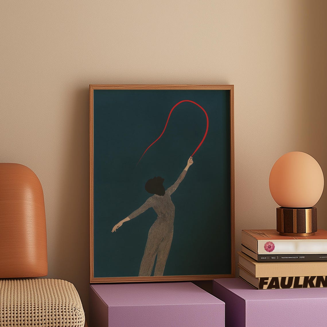 Red Ribbon Dancer Minimalist Dark Teal Elegant Movement Poster - Image 2