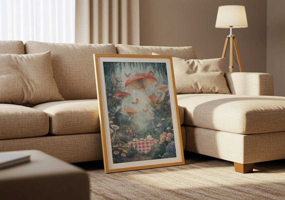 Whimsical Red Mushroom Forest Tea Party Fairy Tale Art Poster - Image 5