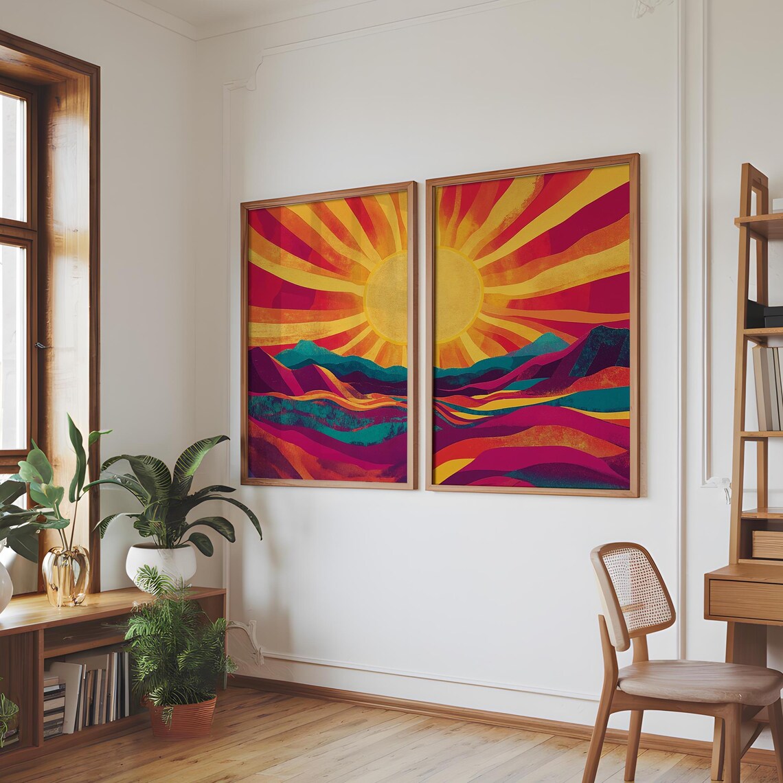 Vibrant Sunset Mountains Retro Boho Art Print