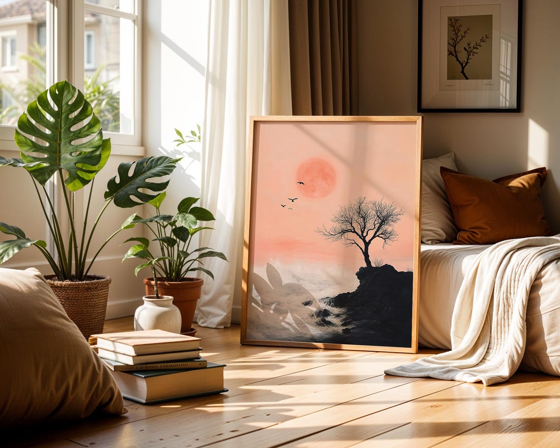 Lone Bare Tree Pink Moon Birds Dreamy Night Landscape Wall Poster - Image 2