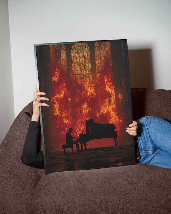 Piano In Inferno Art Print, Gothic Fire Scene