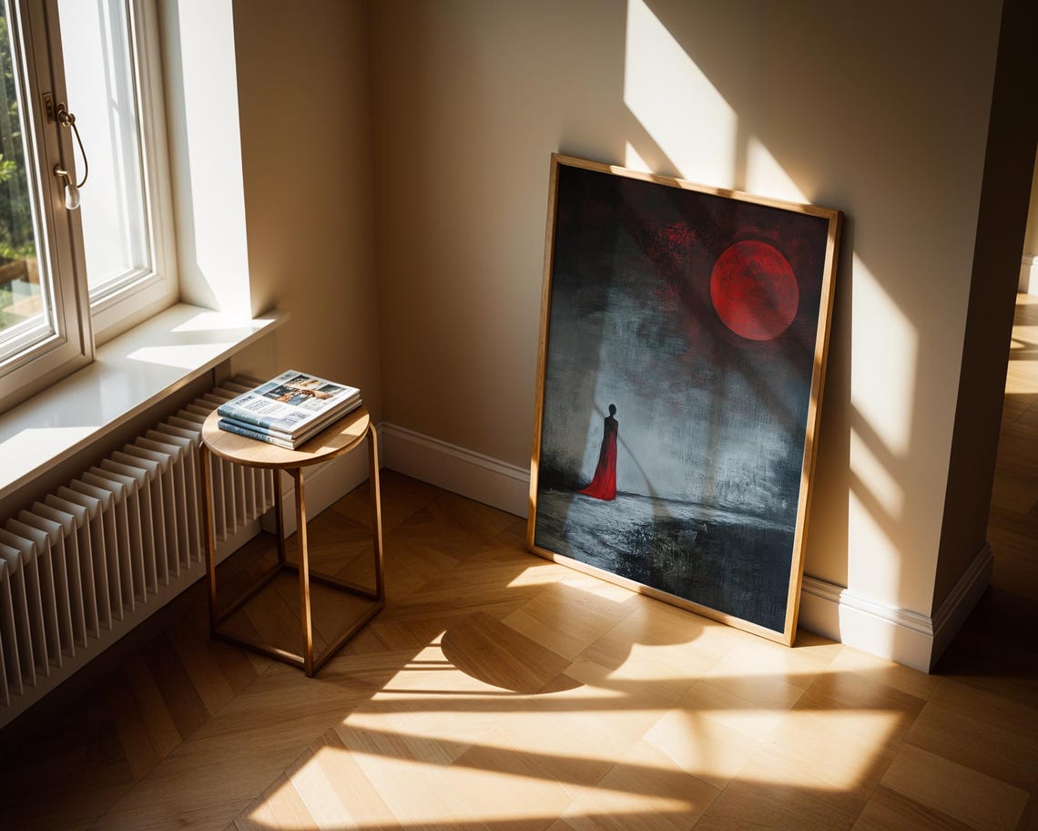 Dark Fantasy Red Moon Gothic Surreal Lonely Woman Art Poster - Image 4
