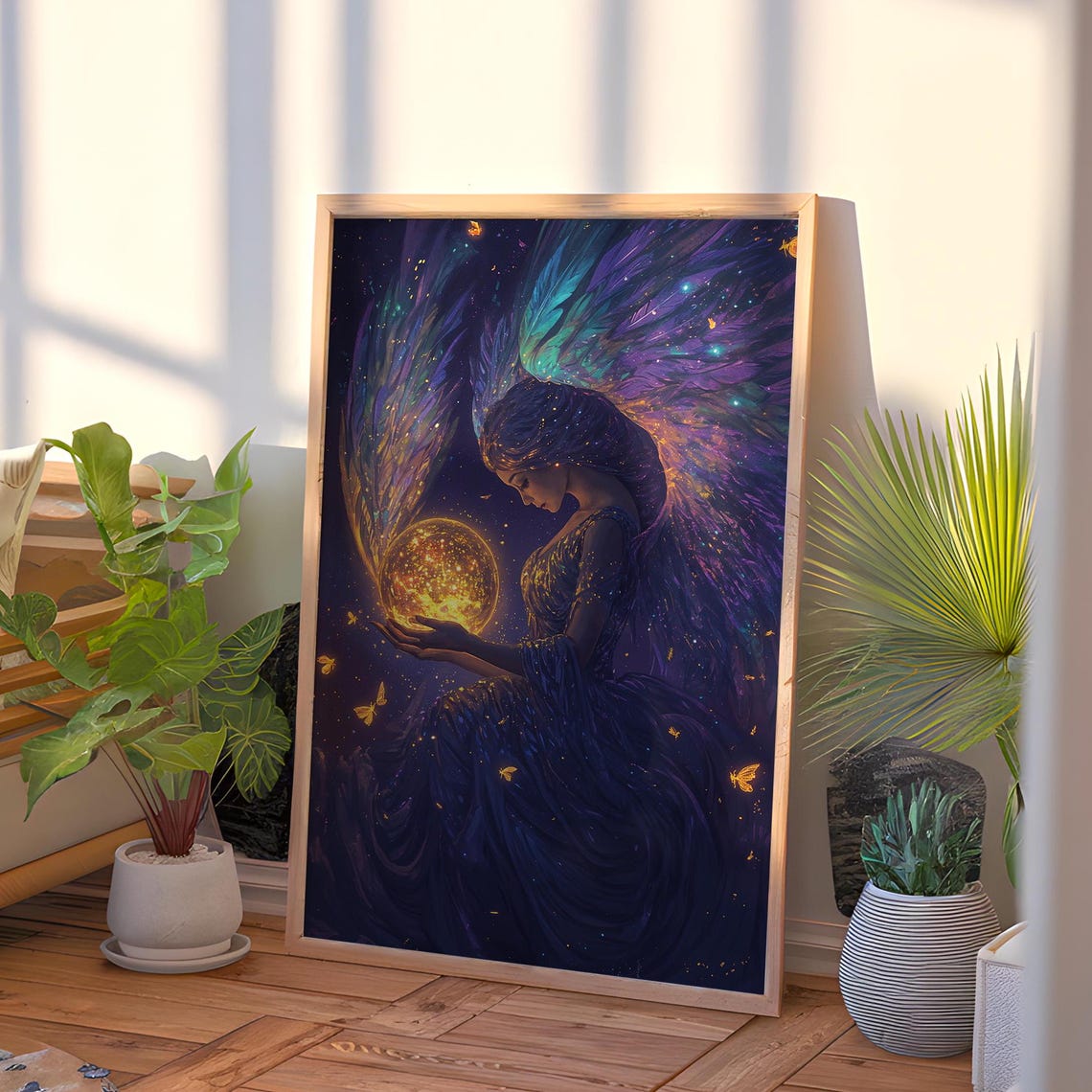 Angel Holding Glowing Moon Iridescent Wings Celestial Fantasy Poster