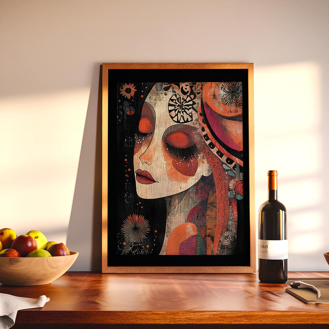 Colorful Stylized Woman Face Abstract Folk Art Portrait Poster