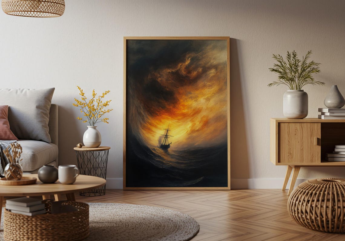 Tall Ship Sailing Through a Fiery Stormy Ocean at Dusk Poster - Image 2