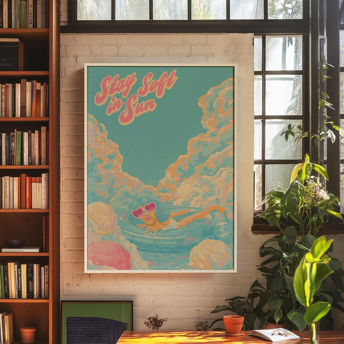 Retro Pool Girl Art Print Stay Soft In Sun Poster Pastel Summer Floating Wall - Image 3