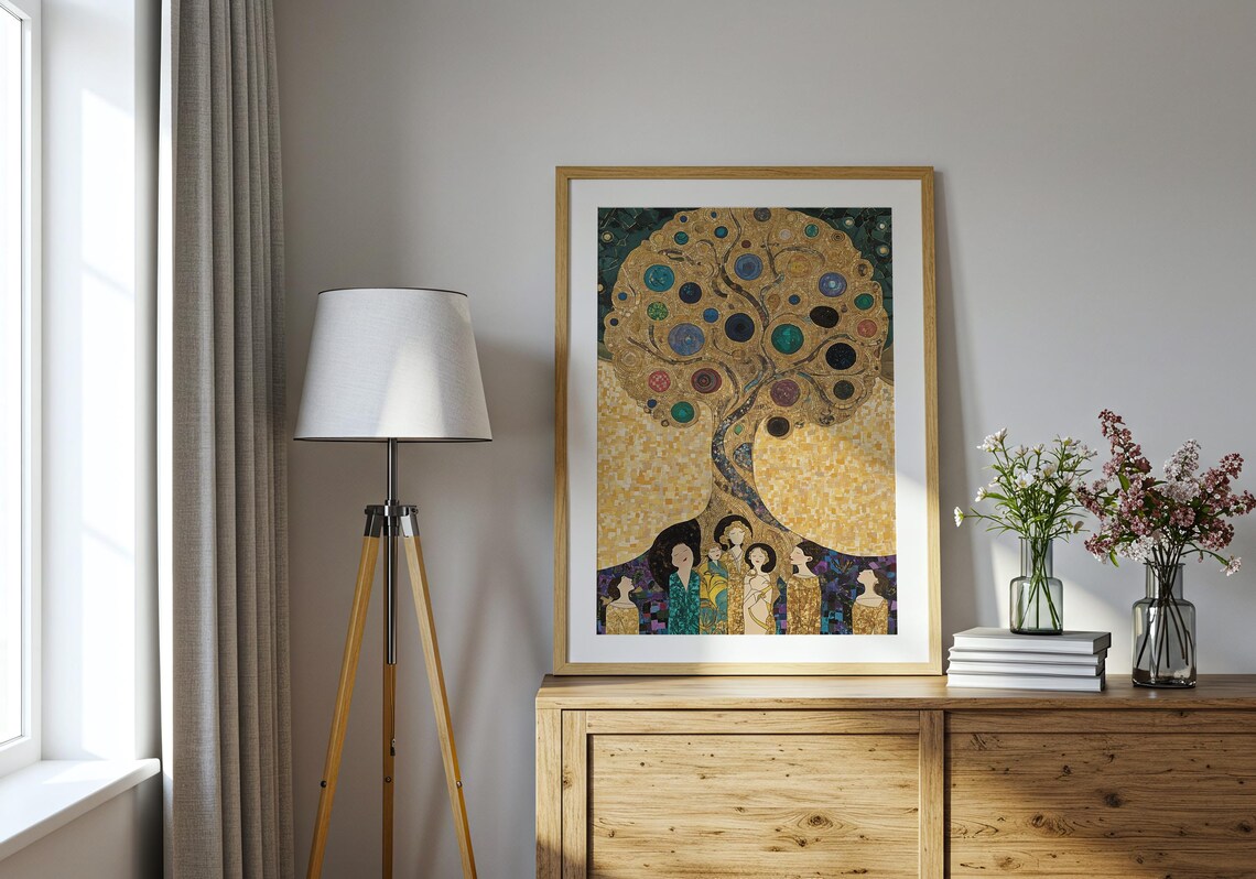Klimt Inspired Golden Mosaic Tree of Life With Elegant Women Luxury Wall Art - Image 3