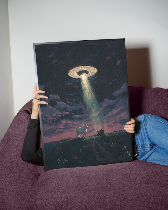 UFO Abduction Cow Night Field Surreal Alien Encounter Poster