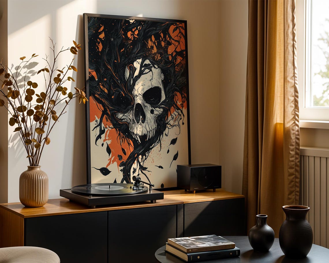 Skull Thorny Branch Dark Art Poster Orange Halloween Gothic Decor - Image 4
