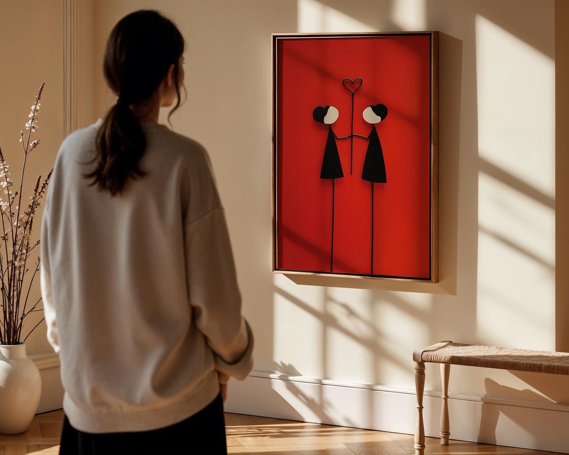 Red Background Stylized Couple Heart Modern Love Wall Poster - Image 3