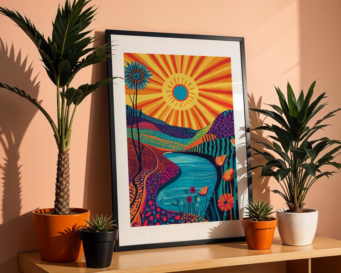 Boho Sunburst Lake Landscape Patterned Hills Colorful Folk Art Poster