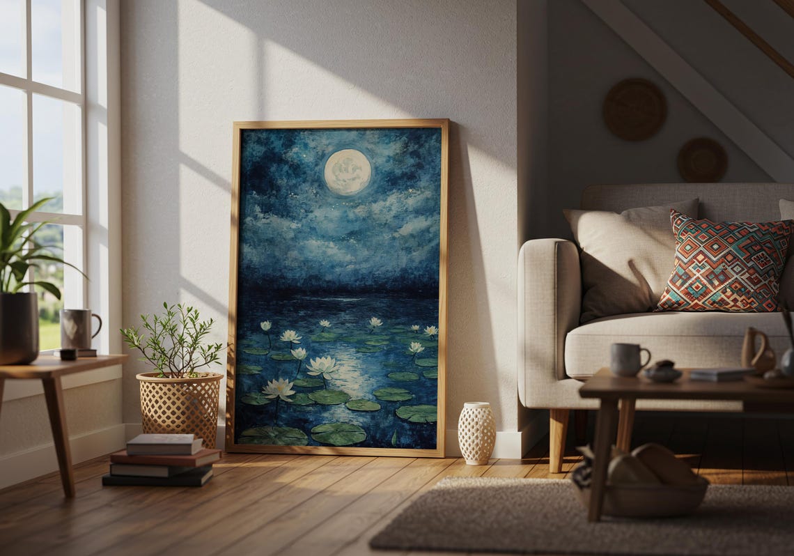 Moonlit Water Lily Lake Art Print Full Moon Night Lotus Painting - Image 5