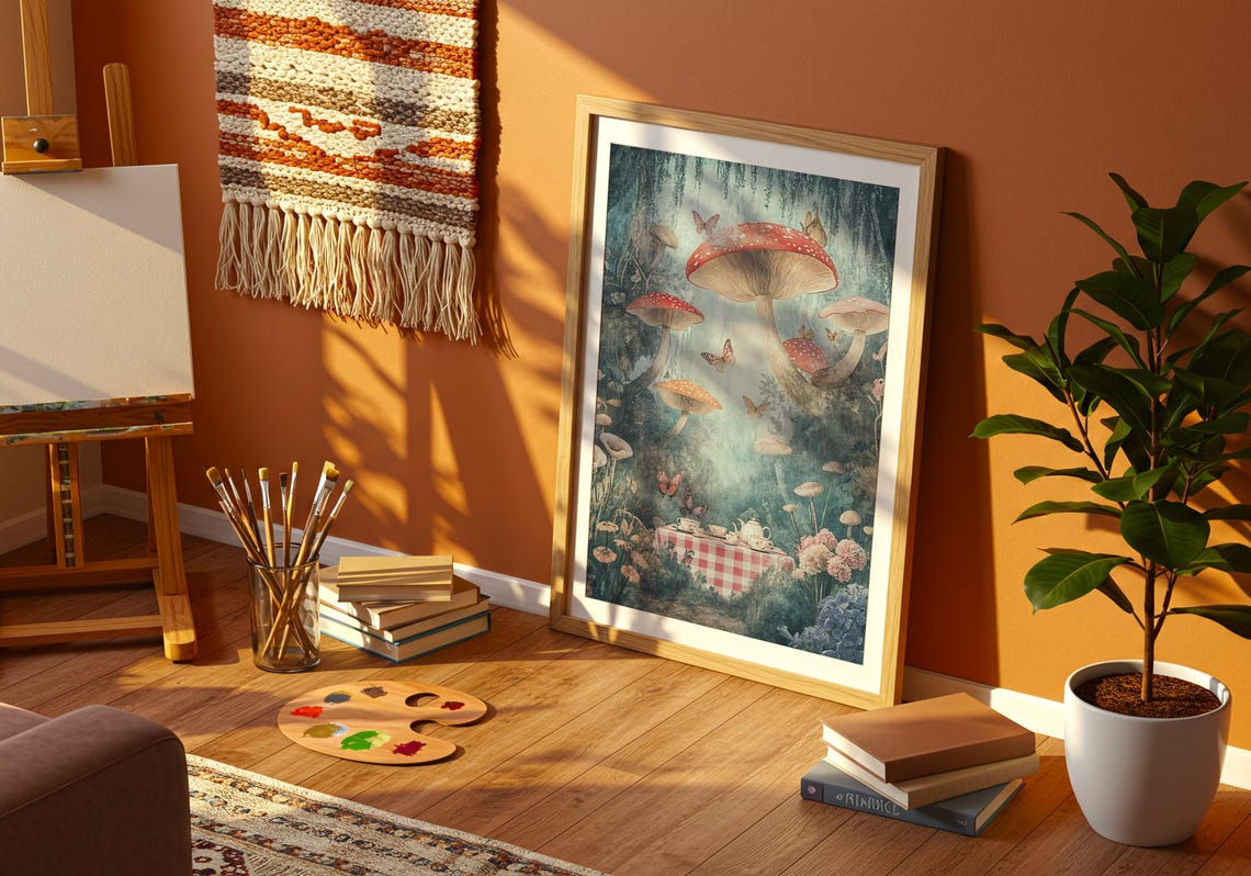 Whimsical Red Mushroom Forest Tea Party Fairy Tale Art Poster - Image 4