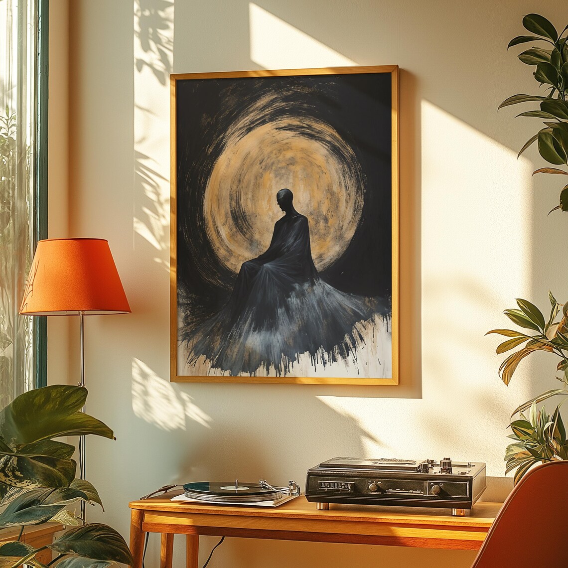Hooded Silhouette Golden Moon Circle Dark Meditative Aura Art Poster - Image 4