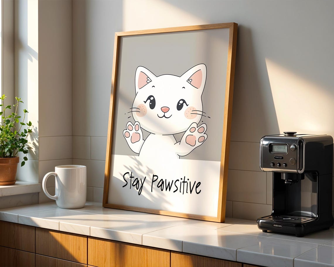 Stay Pawsitive Art Print Cute Cat Motivational Poster Kawaii Animal Wall Whimsical Nursery Office Decor - Image 4