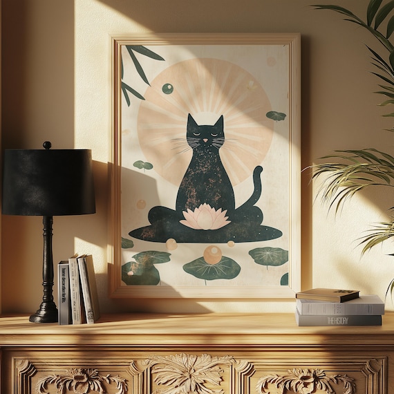 Zen Black Cat Lotus Meditation Cute Spiritual Yoga Wall Poster