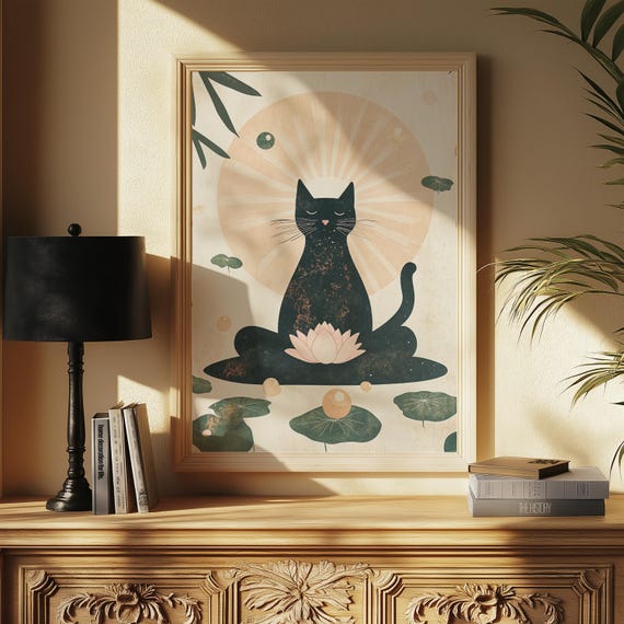Zen Cat Art Print Tranquil Meditation Poster Meditative Feline Wall