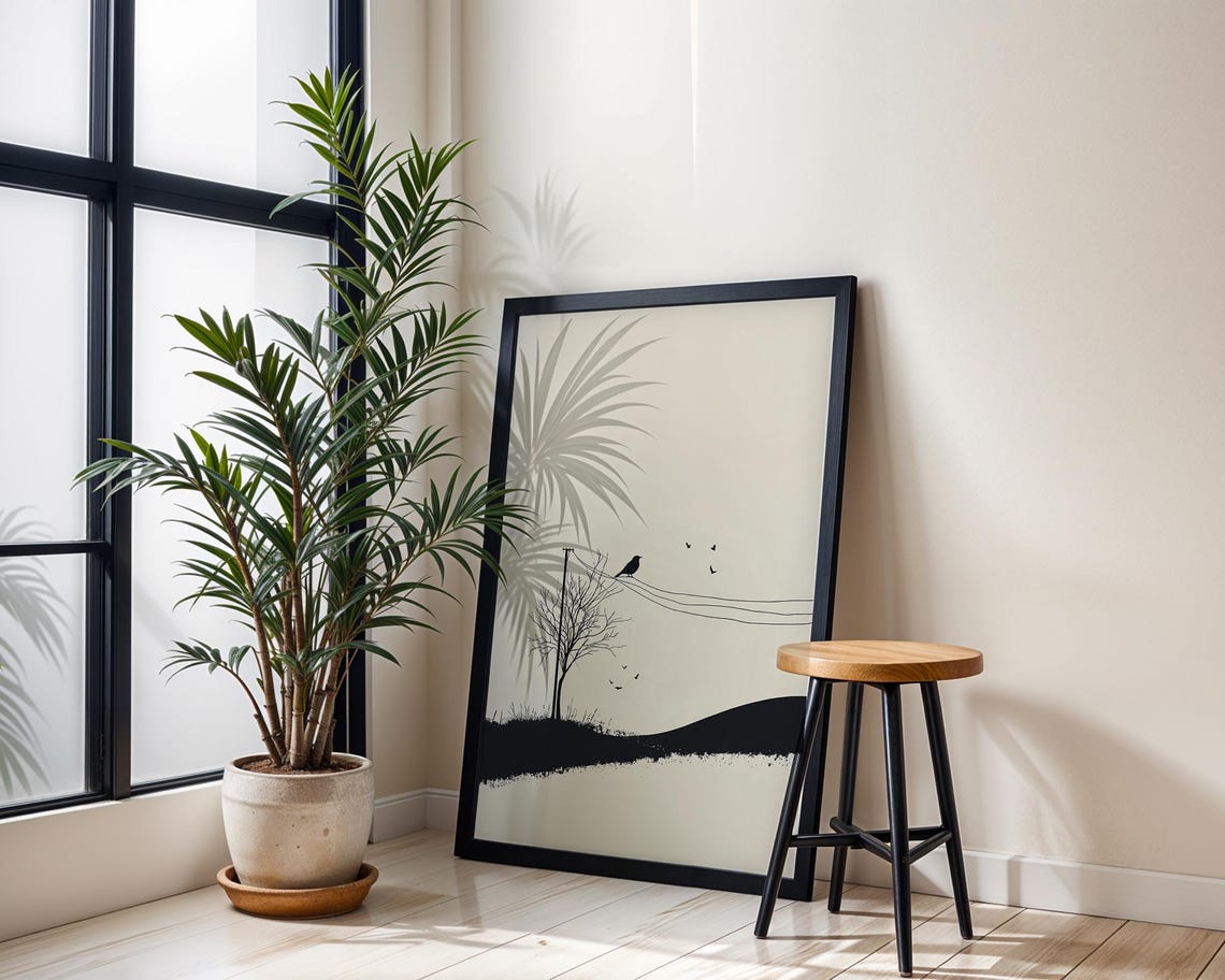 Bird on Wire Minimalist Ink Tree Landscape Black Wall Poster - Image 3