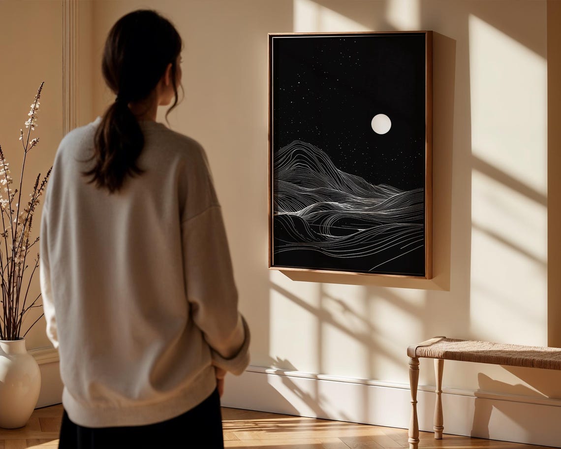 Moon Night White Line Mountains Minimalist Black Wall Poster - Image 2