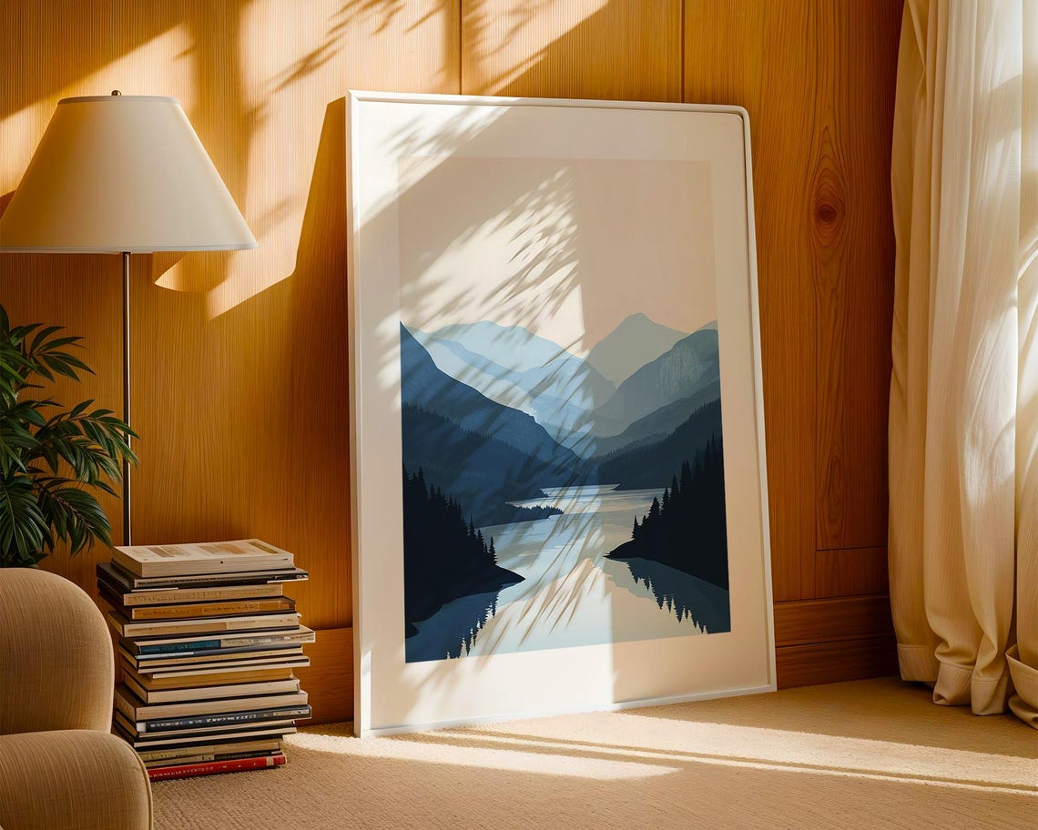 Minimalist Mountain Lake with Mirror Reflection in Blue Tones Poster - Image 2
